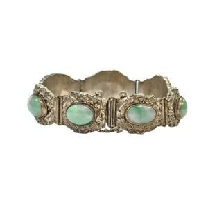 Vintage Chinese Export Silver Jadeite Bracelet Filigree Scrollwork Art Deco